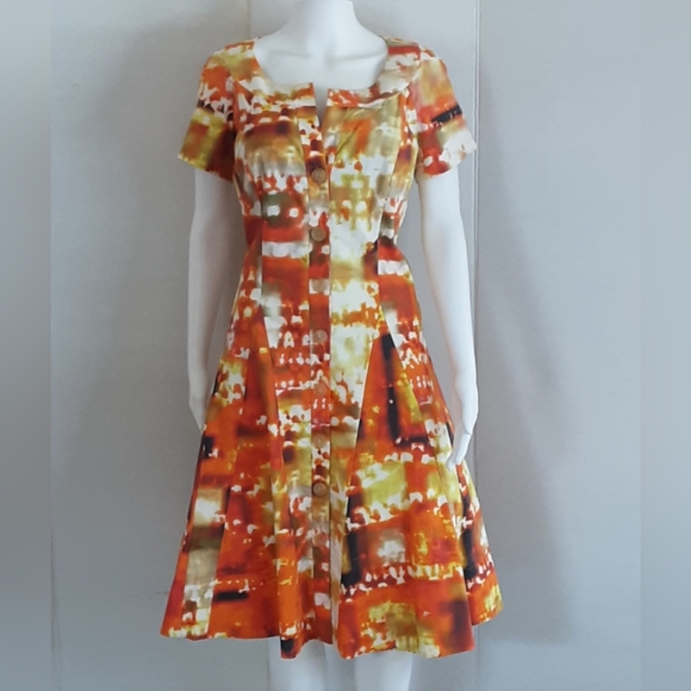 LAFAYETTE 148 New York Orange Abstract Tie-Dye Cotton Blend Summer Dress Sz 12